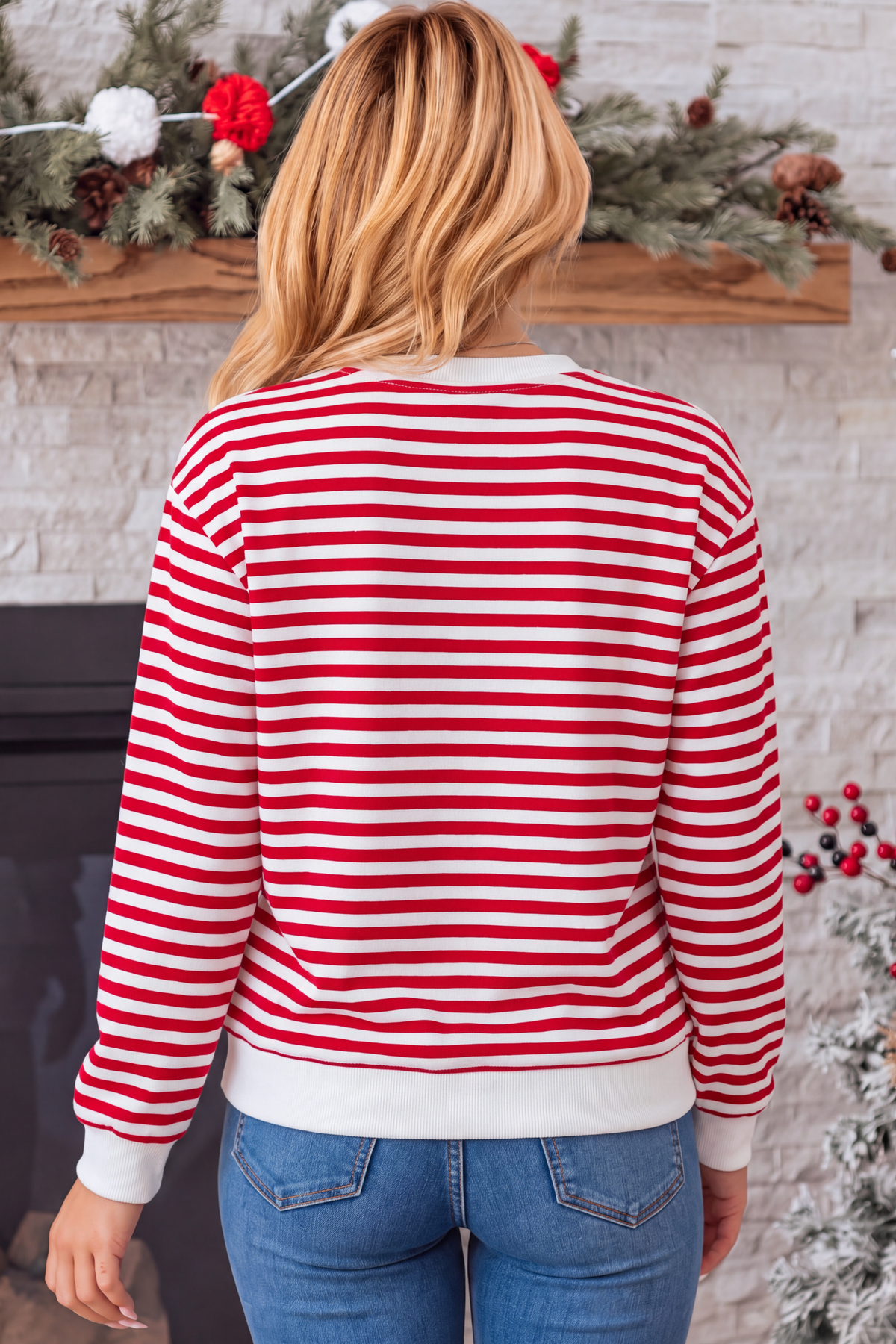 Women's Fall Christmas Cow Graphic Striped Crew Sweatshirt