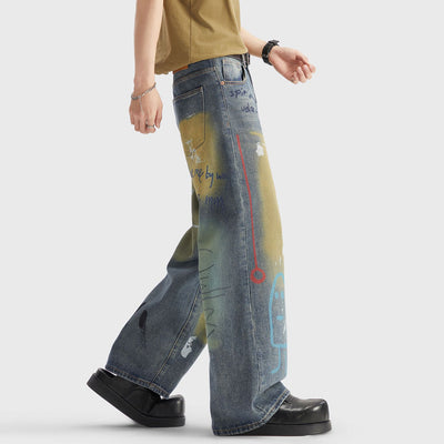 Men's Spring Dark Blue Graffiti Print Wide Leg Denim Jeans