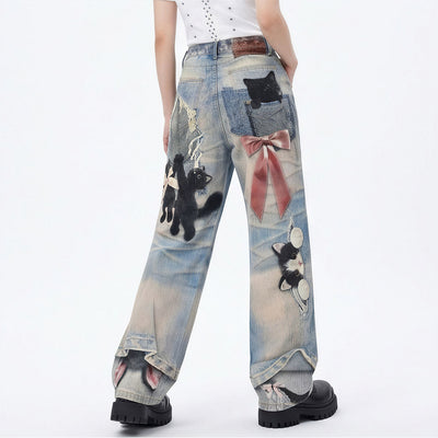 Men's Spring Vintage Blue Cat Print Bow Wide-Leg Denim Jeans