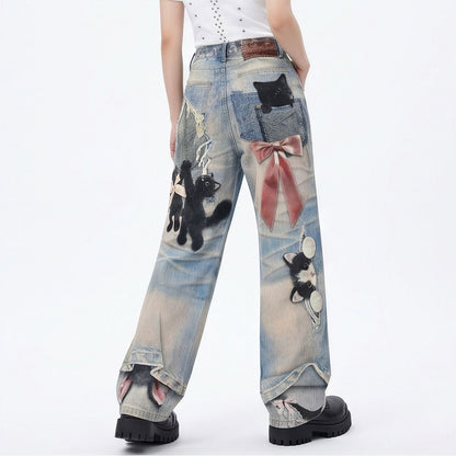 Men's Spring Vintage Blue Cat Print Bow Wide-Leg Denim Jeans