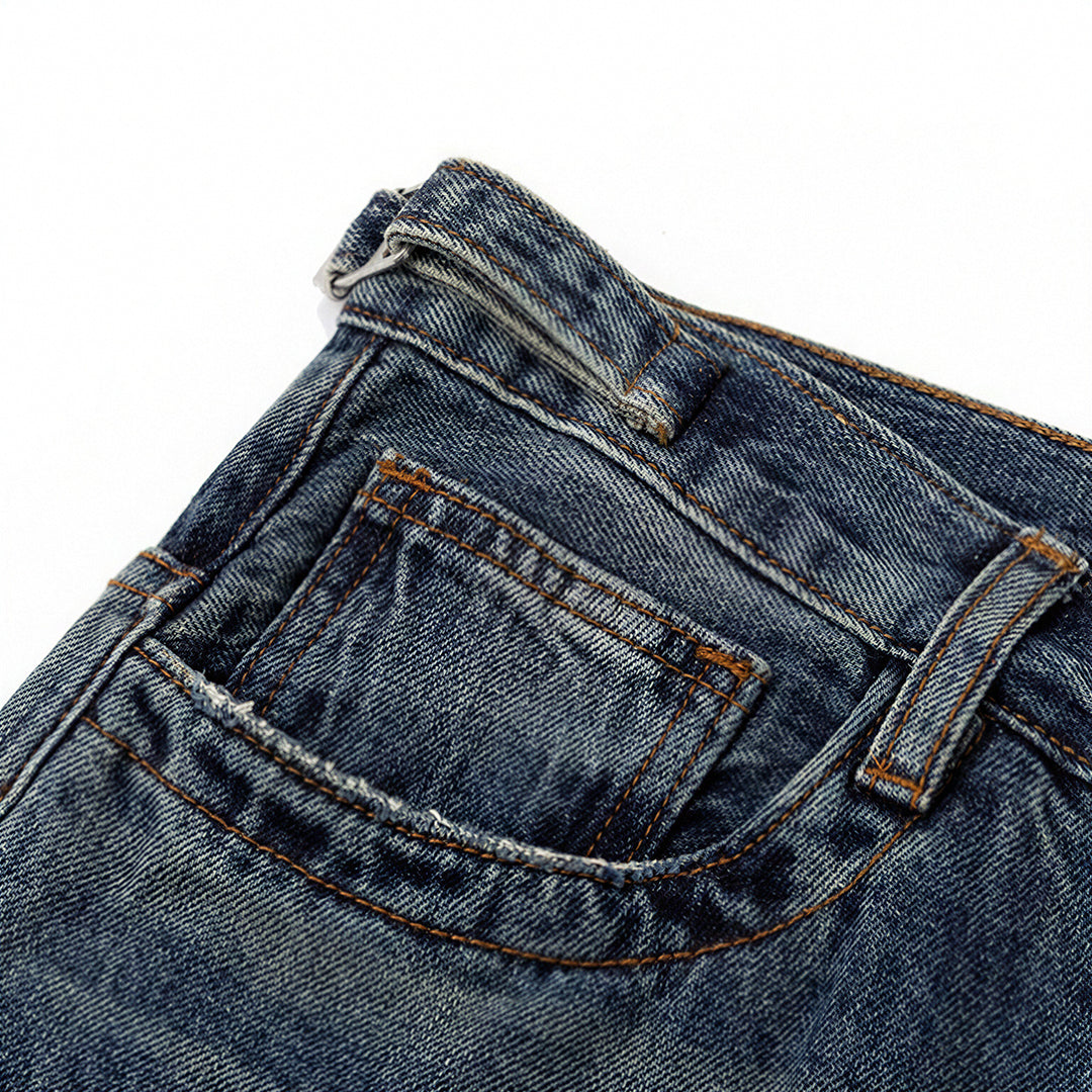 Men's Spring Vintage Blue Patchwork Distressed Denim Jeans