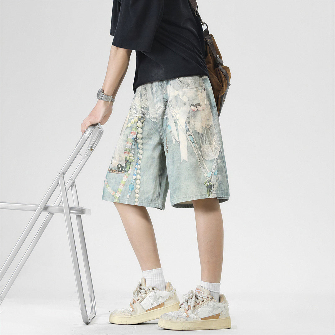 Men's Summer Vintage Oil Painting Print Baggy Denim Shorts