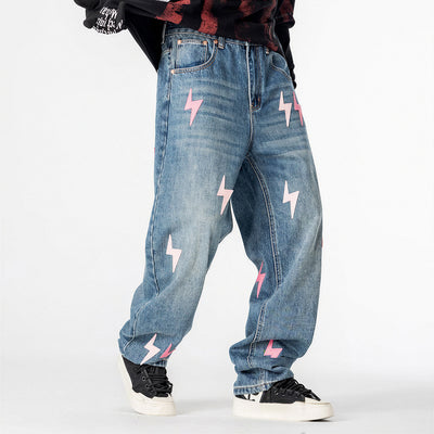 Men's Spring Washed Blue Pink Lightning Wide Leg Jeans