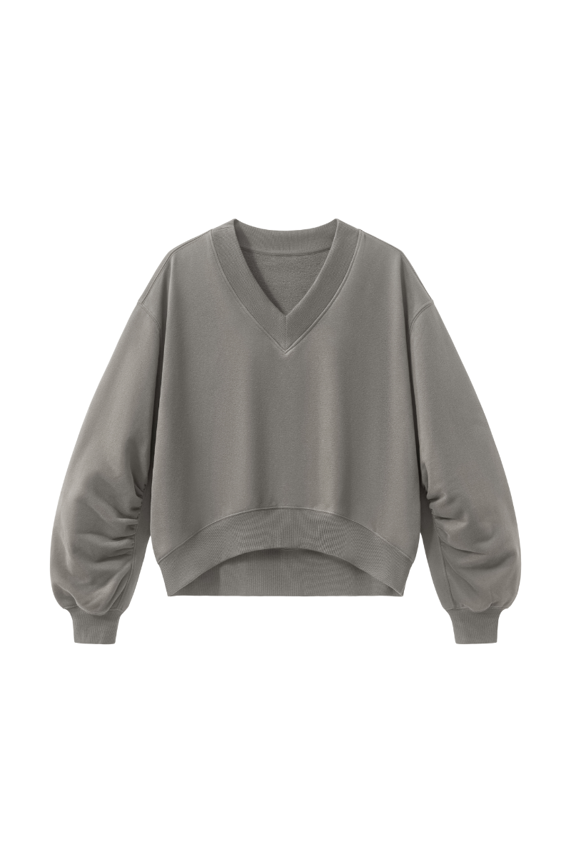 Women Fall V Neck Boxy Cropped Lantern Sleeve Sweatshirt