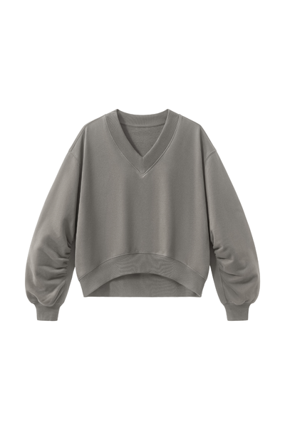 Women Fall Clothing V Neck Boxy Cropped Lantern Sweatshirt