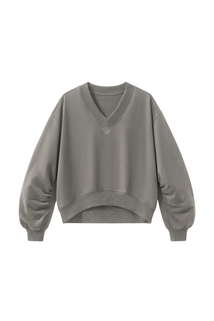 Women Fall V Neck Boxy Cropped Lantern Sleeve Sweatshirt