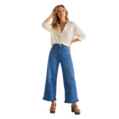 Women's High Waist Wide Leg Jeans with Ruffle Hem