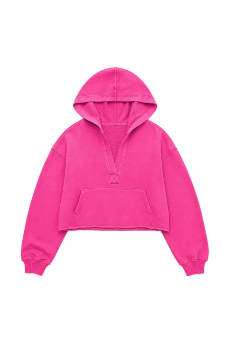 Women Spring Raw Edge V Neck Cropped Pullover Hoodie