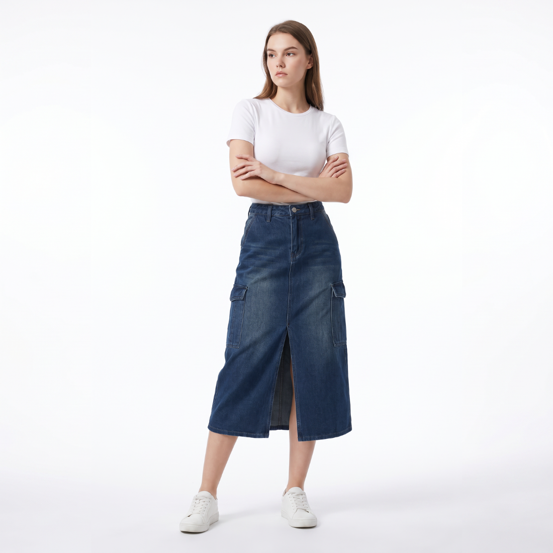 Women's High Waist Front Slit Denim Midi Skirt