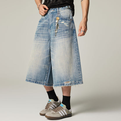 Men's Summer Vintage Washed Distressed Wide-Leg Denim Shorts