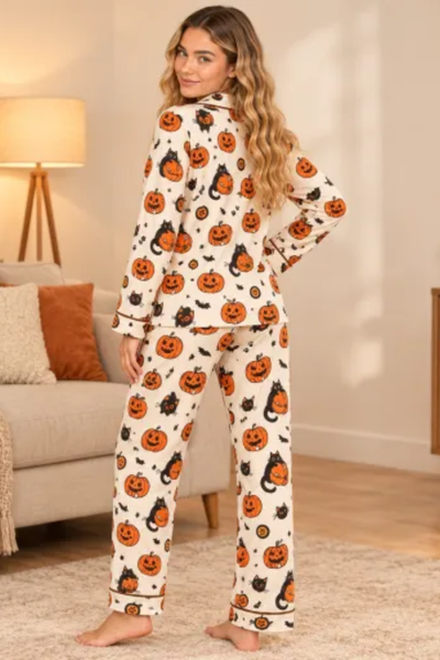 Women Fall Clothing Halloween Pumpkin Cat Pajama Set