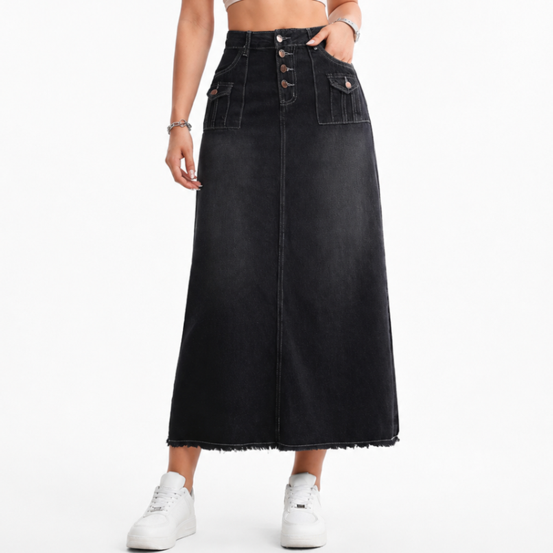 Women's High Waist Button Fly Denim Maxi Skirt