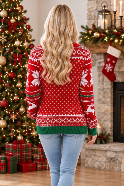 Women's Fall Christmas Red AOP Snowflake Knit Sweater