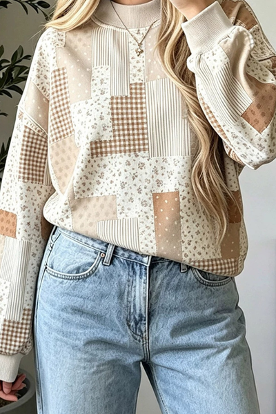 Women Spring Patchwork Print Cropped Mock Neck Sweatshirt