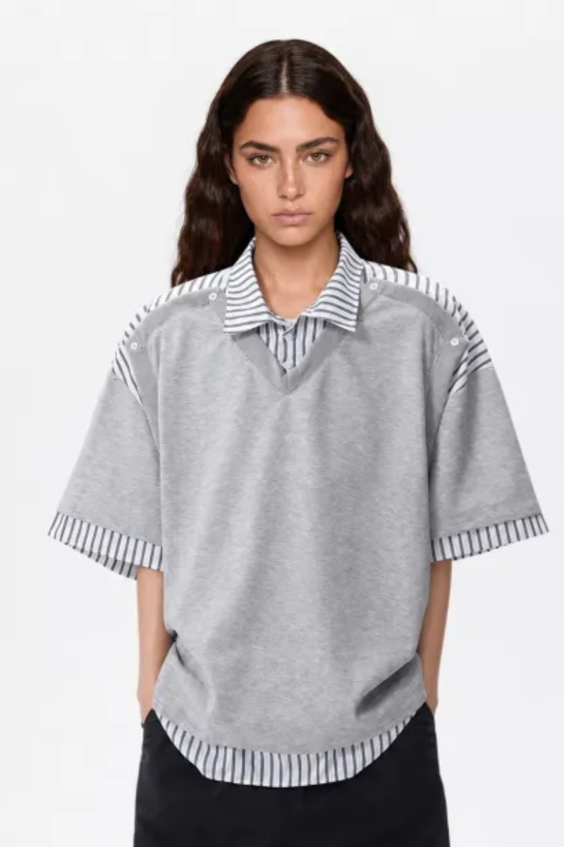Women's Summer Layered Stripe-Spliced Short-Sleeve T-Shirt