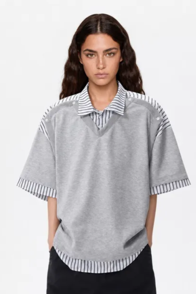 Women's Summer Layered Stripe-Spliced Short-Sleeve T-Shirt