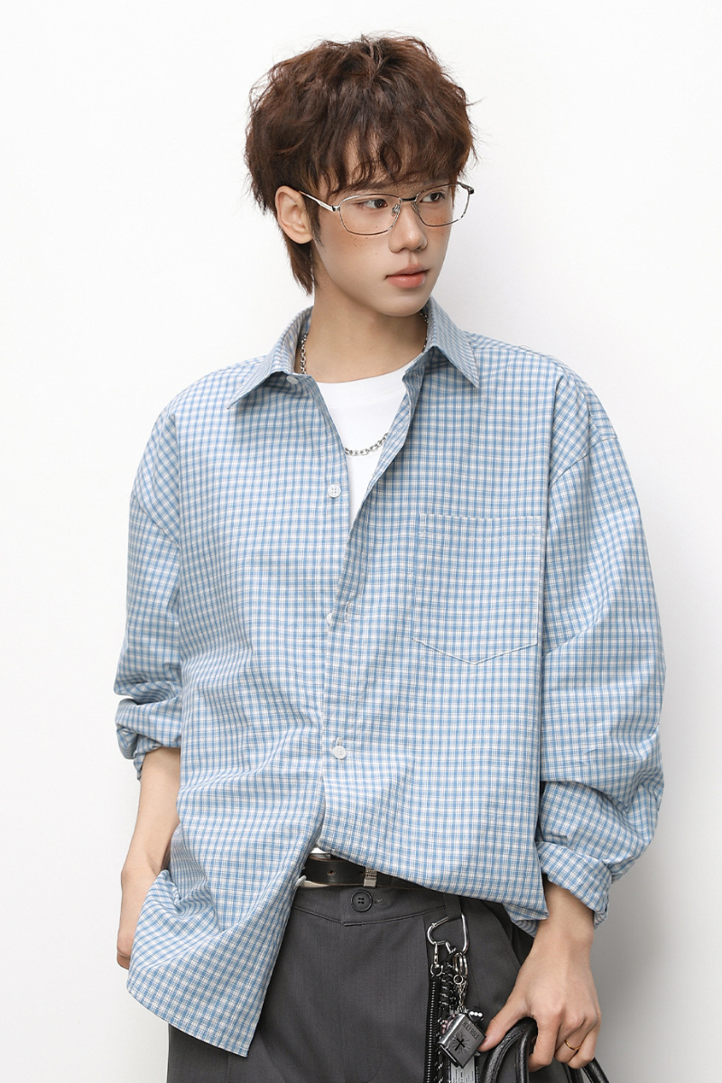 Men's Spring Contrast Plaid Long Sleeve Loose Miu Shirt