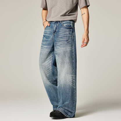 Men's Spring Gradient Blue Cat Whisker Wide-Leg Denim Jeans