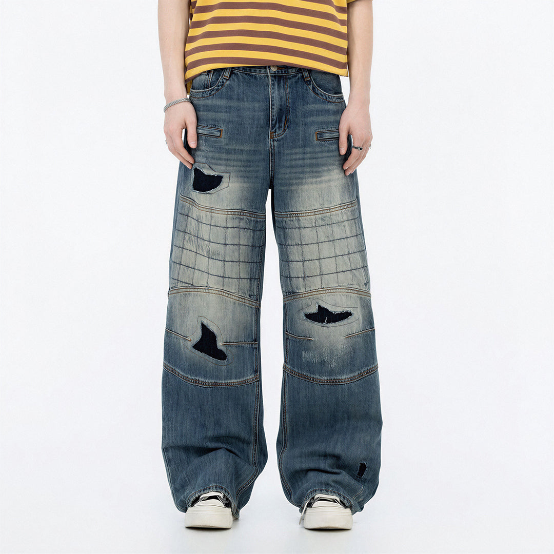 Men's Spring Vintage Blue Patchwork Distressed Denim Jeans