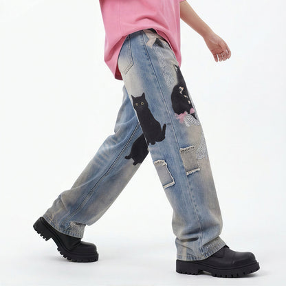 Men's Spring Vintage Blue Cat Print Bow Wide-Leg Denim Jeans