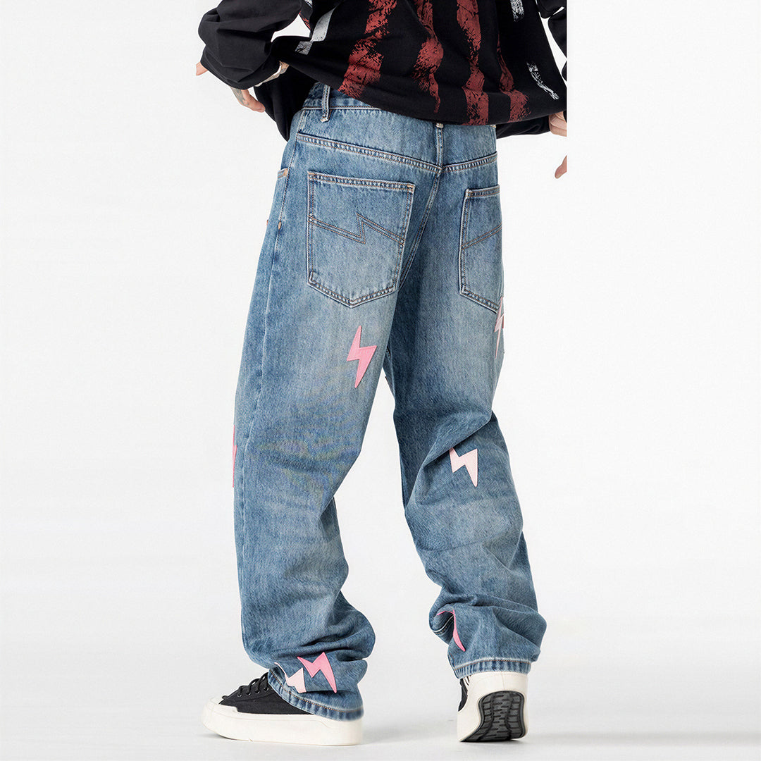 Men's Spring Washed Blue Pink Lightning Wide Leg Jeans