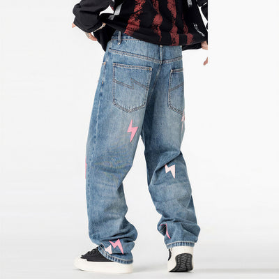 Men's Spring Washed Blue Pink Lightning Wide Leg Jeans
