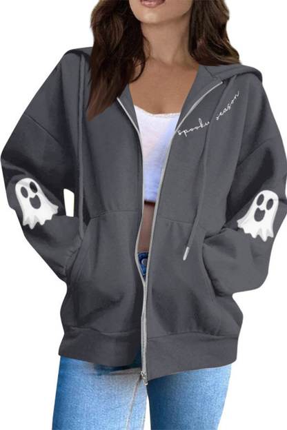 Women Fall Clothing Halloween Ghost Graphic Zip Up Hoodie