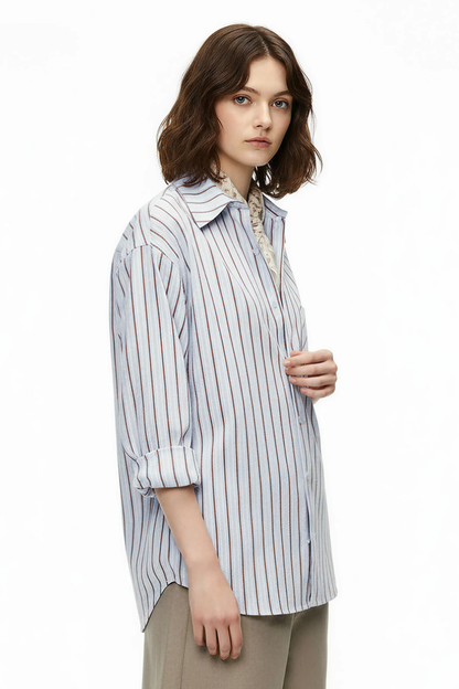 Unisex Spring Cotton Stripe Set-in Long Sleeve Retro Shirt