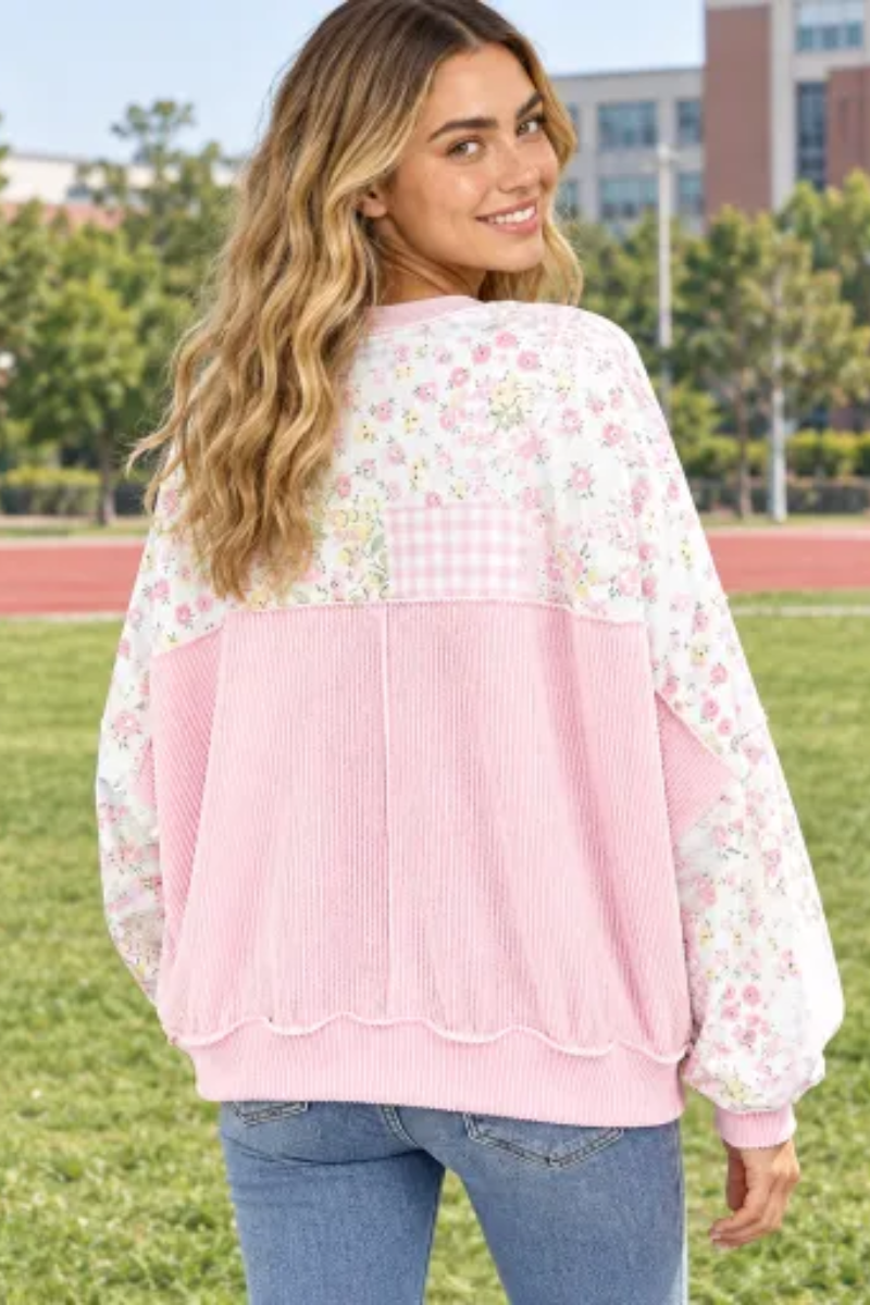 Women Fall Clothing Floral Plaid Patchwork Sweatshirt