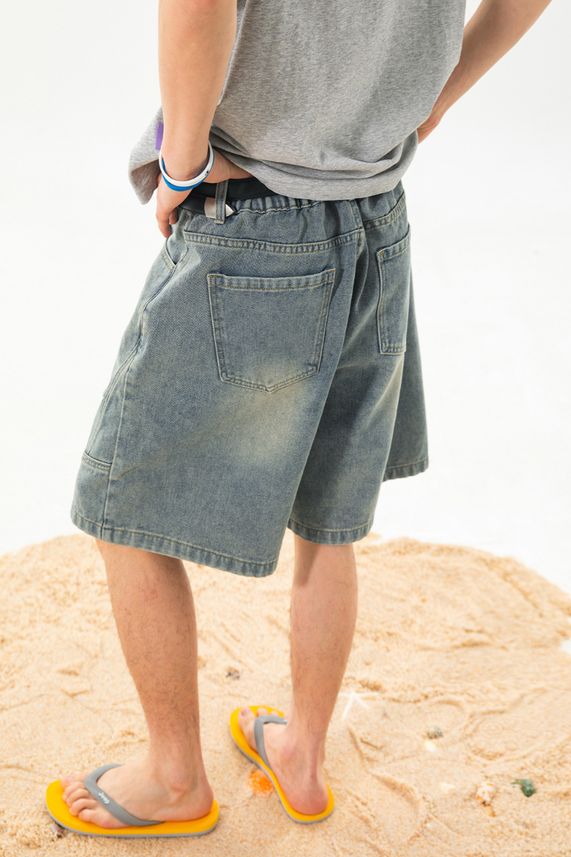 Men's Summer Retro Washed Pleated Cut Loose 5" Denim Shorts