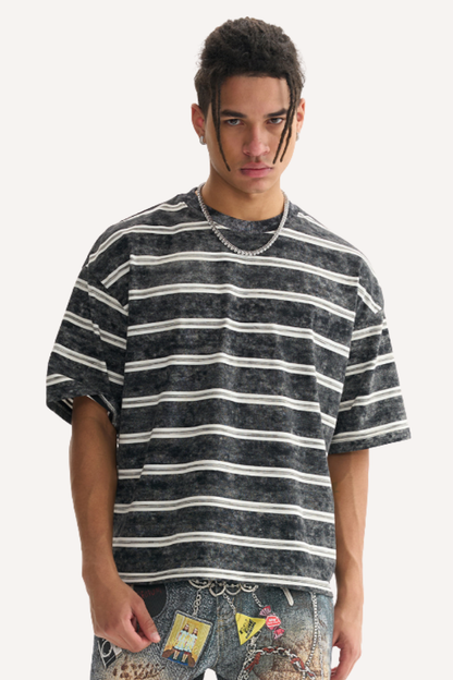 Unisex Washed Stripe Ribbed Crewneck Boxy Tee