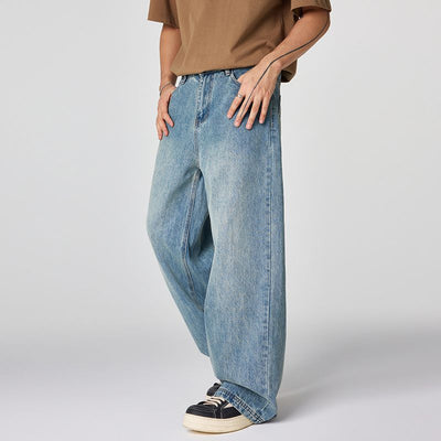 Men's Spring Light Blue Vintage Washed Wide-Leg Denim Jeans