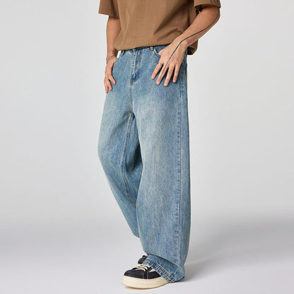 Men's Spring Light Blue Vintage Washed Wide-Leg Denim Jeans