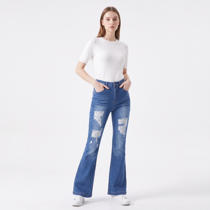 Women's High Waist Ripped Distressed Stretch Flare Jeans