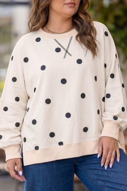 Women Spring Plus Size Polka Dot Crew Neck Sweatshirt