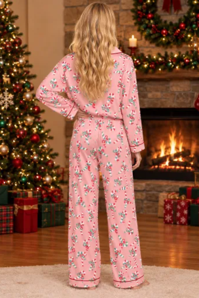Women's Christmas Pattern Open Front Pajama Long Sleeve Set