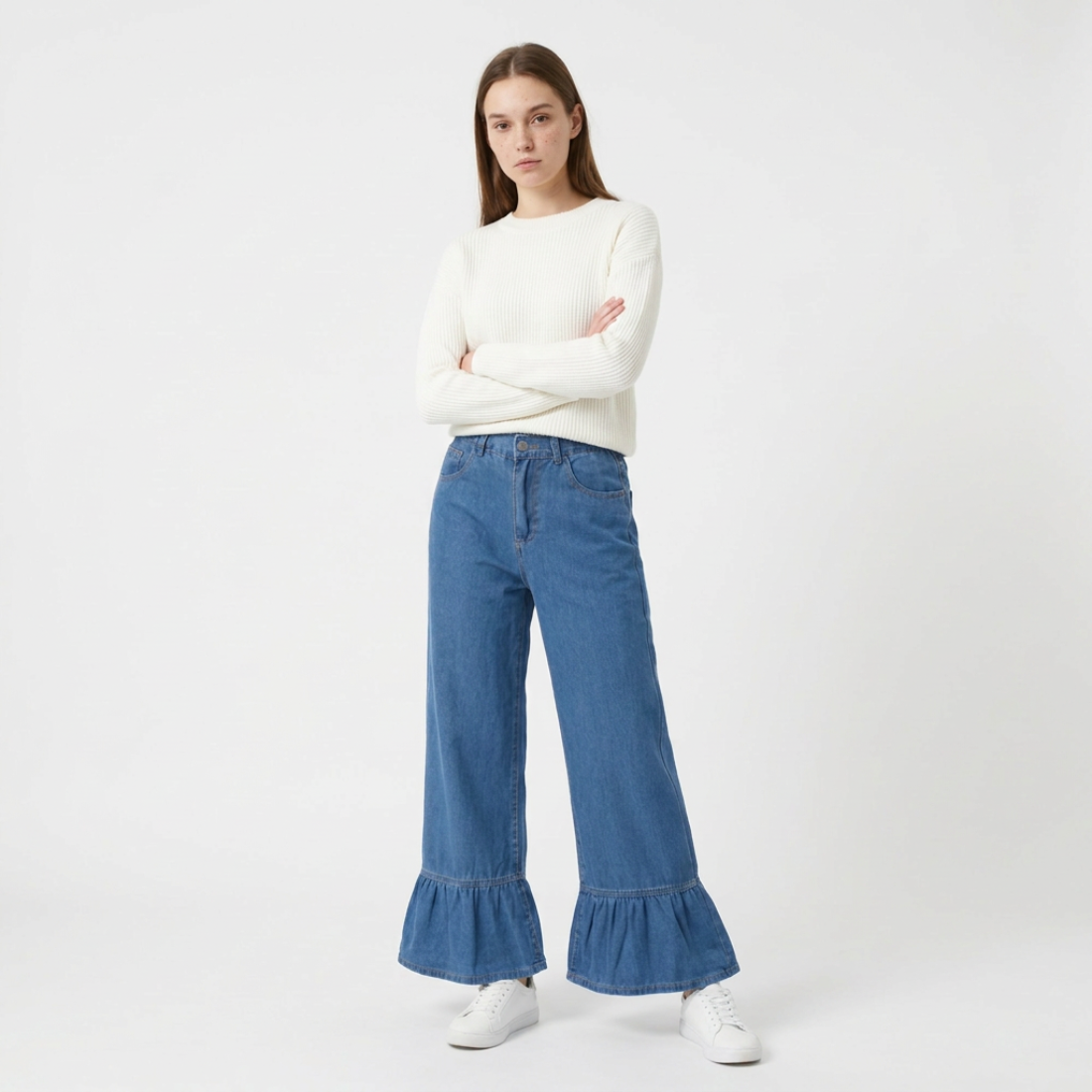 Women's High Waist Ruffle Hem Wide Leg Jeans