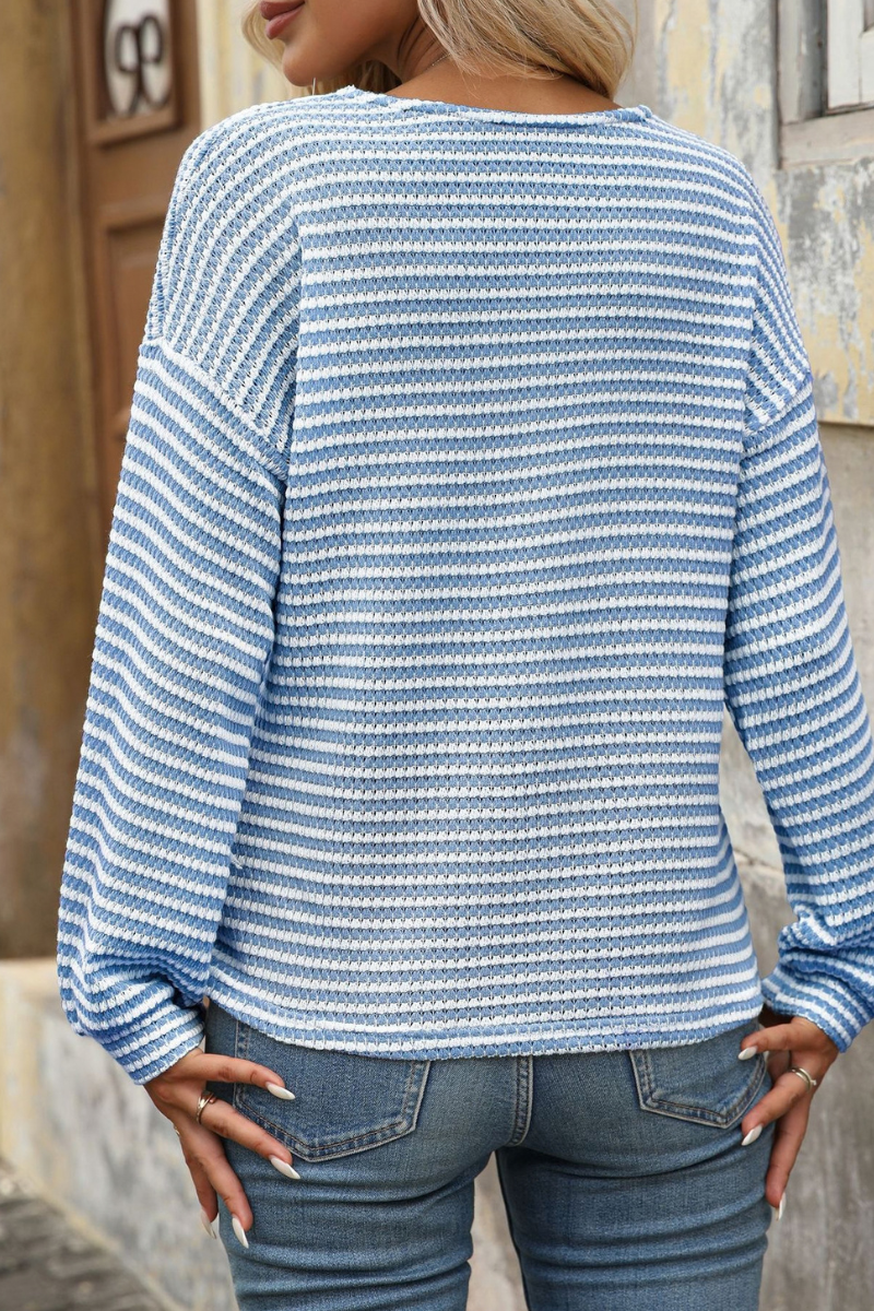 Women Spring Striped Button V Neck Long Sleeve Top