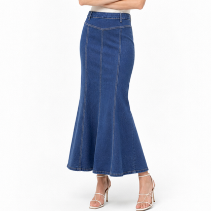 Women's High Waist Vintage Wash Fishtail Long Denim Skirt