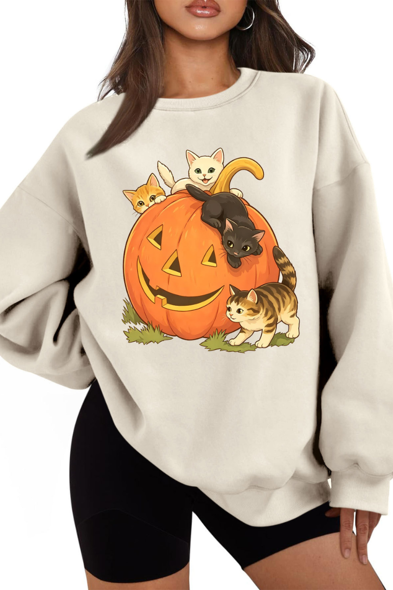 Women Fall Halloween Cat Pumpkin Oversized Sweatshirt