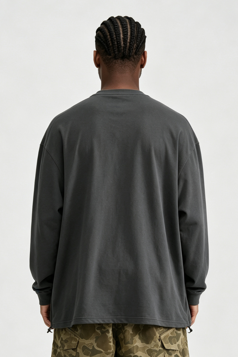 Men's Spring Drawstring-Hem Relaxed Long-Sleeve T-Shirt