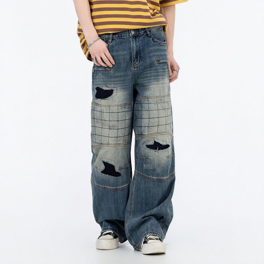 Men's Spring Vintage Blue Patchwork Distressed Denim Jeans