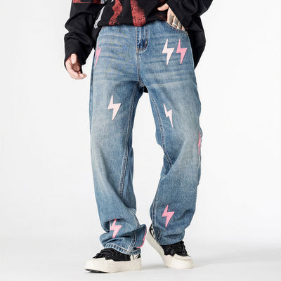 Men's Spring Washed Blue Pink Lightning Wide Leg Jeans