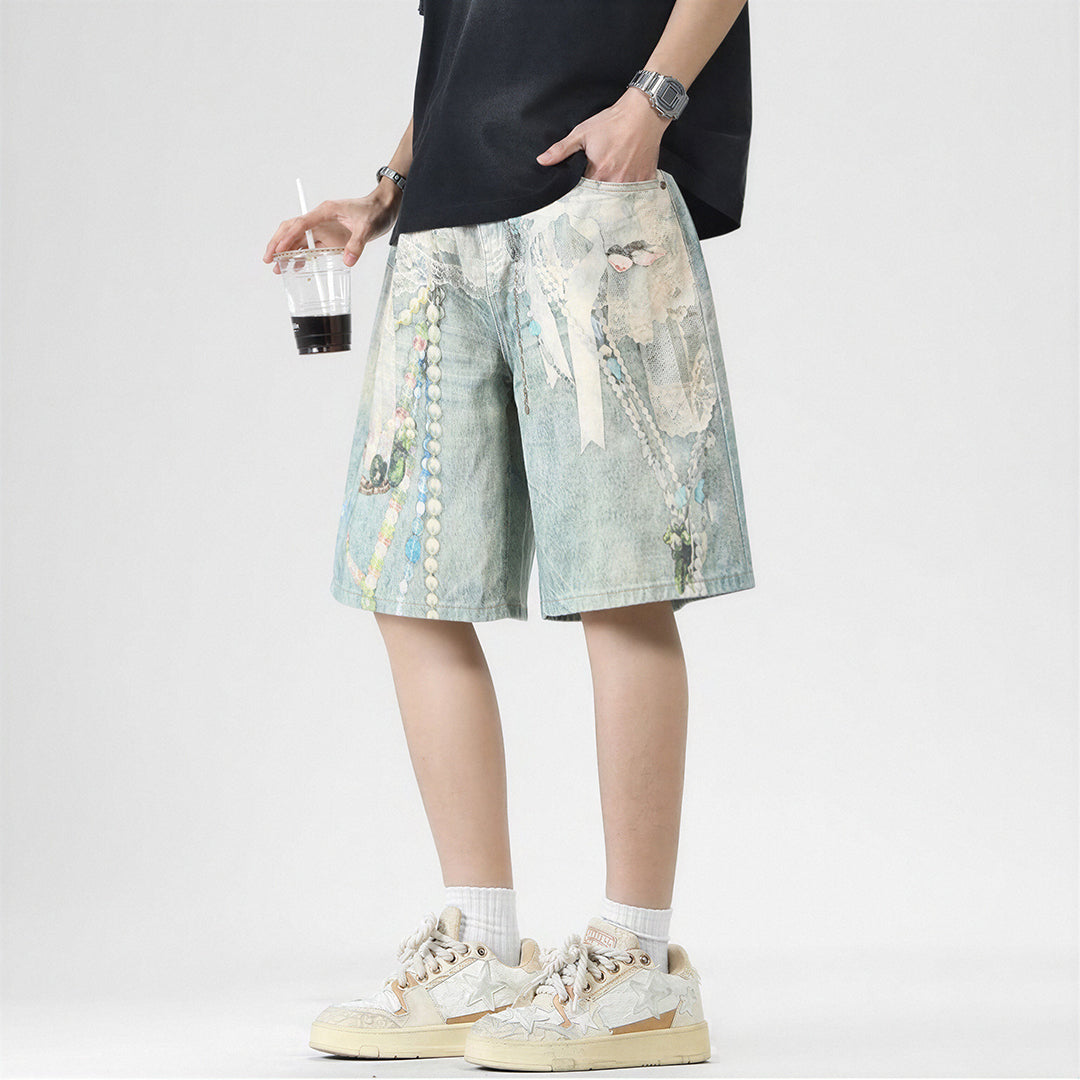 Men's Summer Vintage Oil Painting Print Baggy Denim Shorts