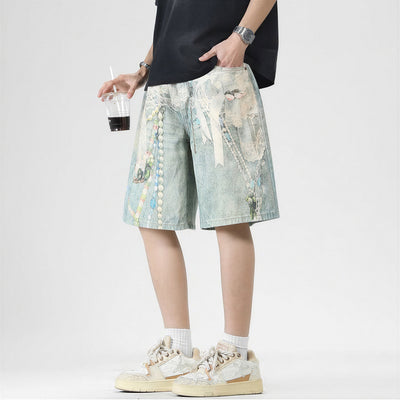 Men's Summer Vintage Oil Painting Print Baggy Denim Shorts