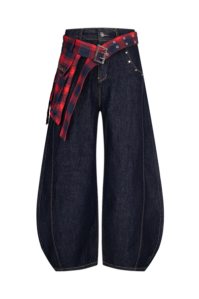 Unisex Summer Plaid Belt Barrel-Leg Cotton Denim Jeans