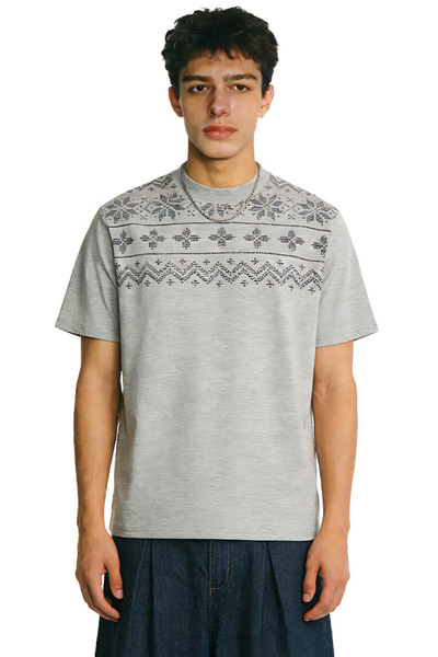 Men's Summer 320g Mock Neck Fair Isle Jacquard Vintage Tee