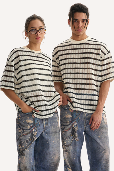 Men's Summer 205g Stripe Mesh Crewneck Tee