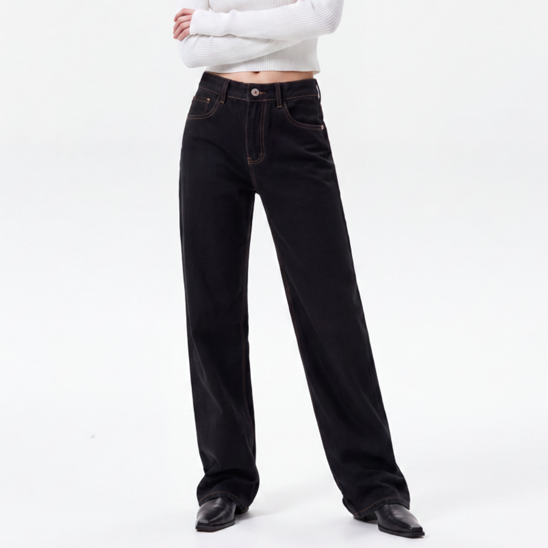Women's High Waist Black Wash Straight Leg Jeans