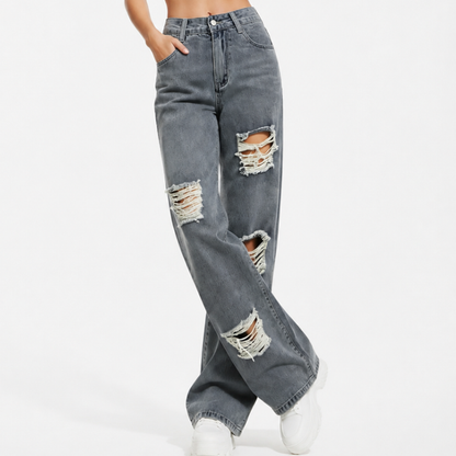 Women's High Waist Distressed Ripped Wide Leg Jeans